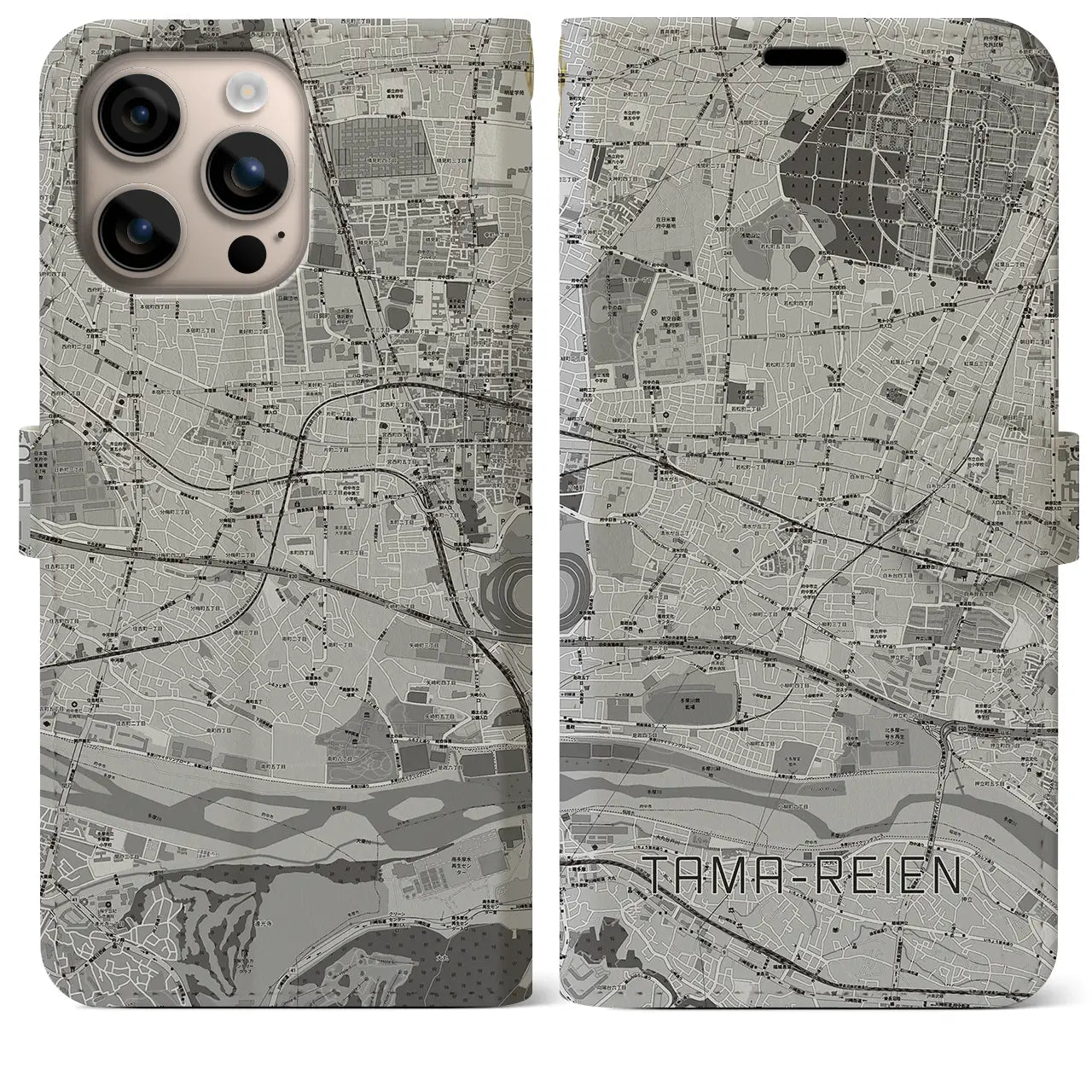 【多磨霊園(東京都)】地図柄iPhoneケース(手帳タイプ)モノトーン・iPhone 16 Plus 用