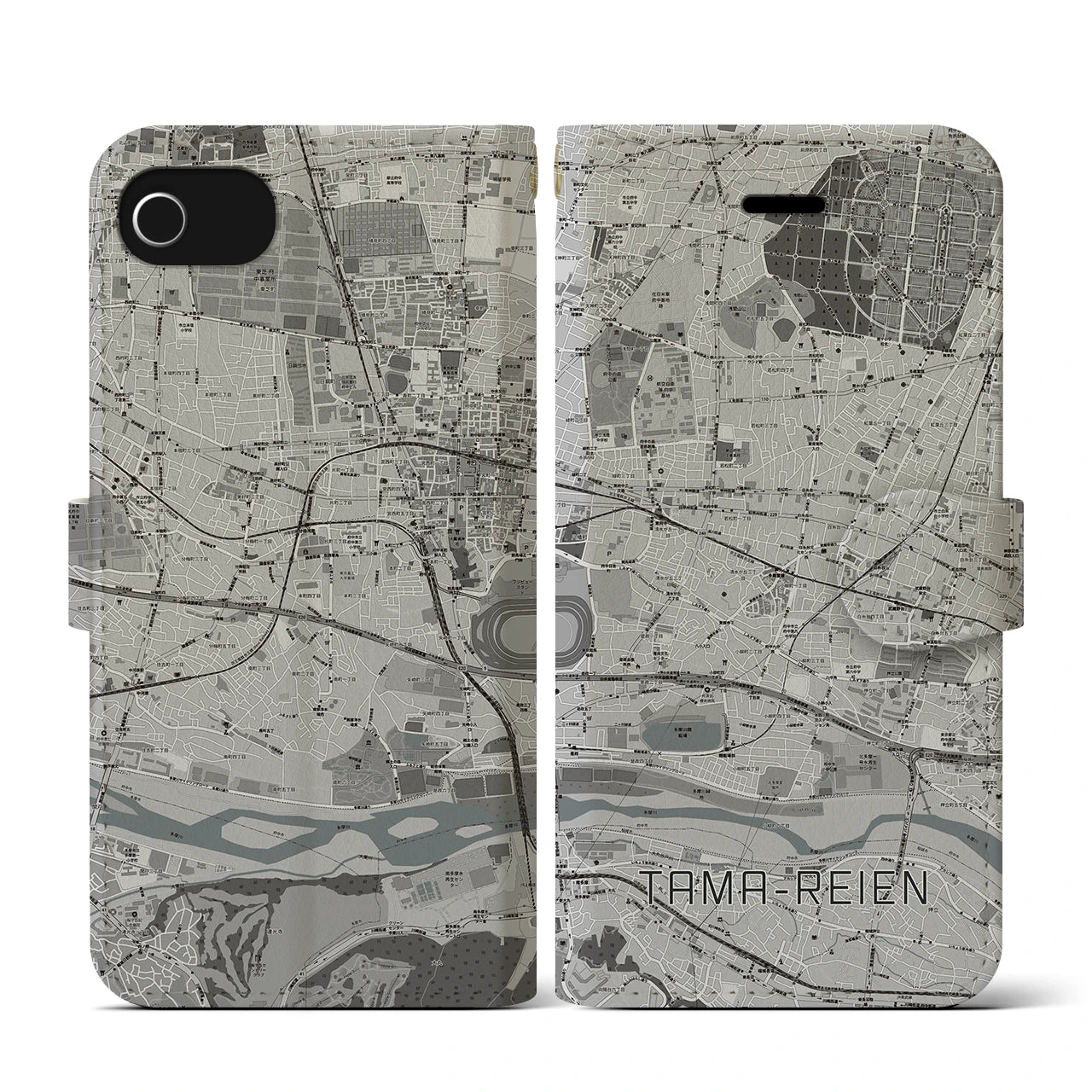 【多磨霊園(東京都)】地図柄iPhoneケース(手帳タイプ)モノトーン・iPhone SE(第3 / 第2世代) / 8 / 7 / 6s / 6 用