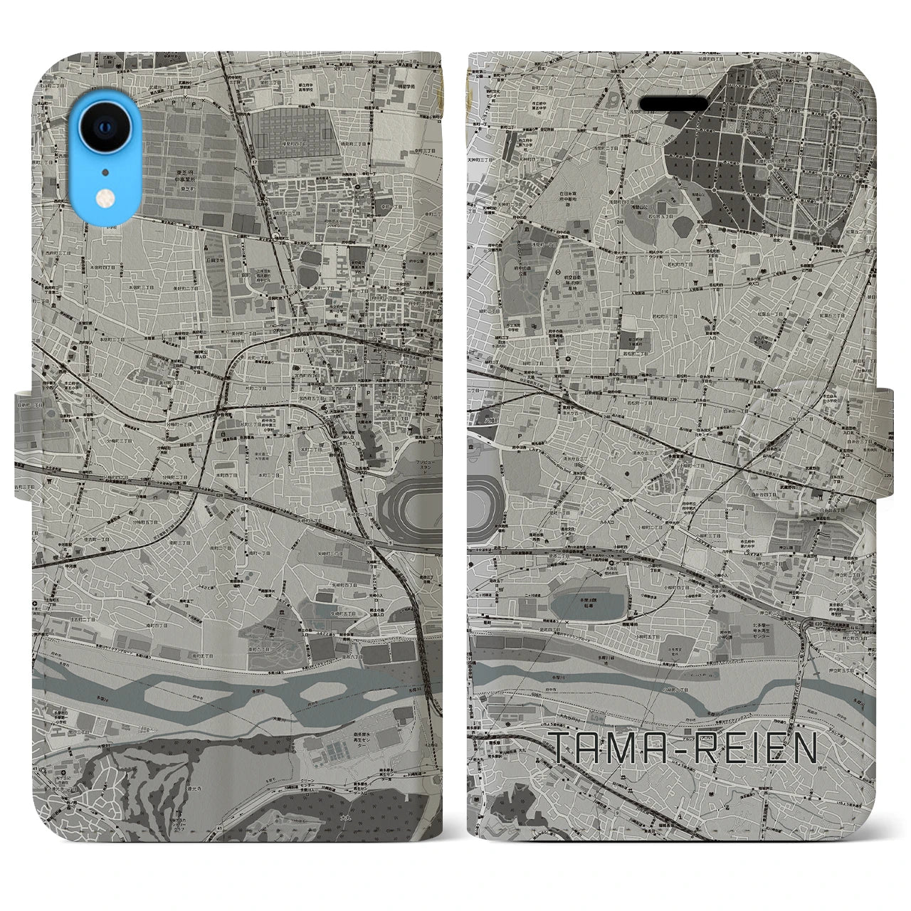 【多磨霊園(東京都)】地図柄iPhoneケース(手帳タイプ)モノトーン・iPhone XR 用
