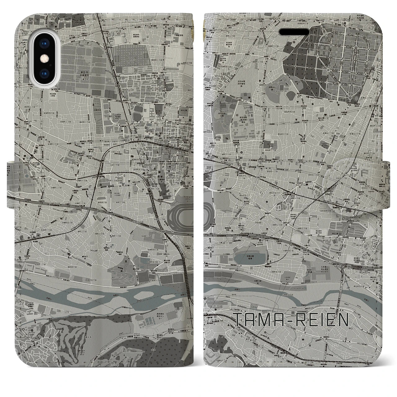 【多磨霊園(東京都)】地図柄iPhoneケース(手帳タイプ)モノトーン・iPhone XS Max 用