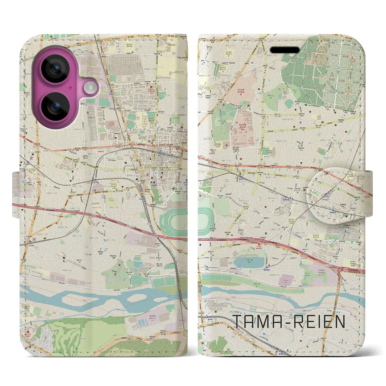 【多磨霊園(東京都)】地図柄iPhoneケース(手帳タイプ)ナチュラル・iPhone 16 Pro 用