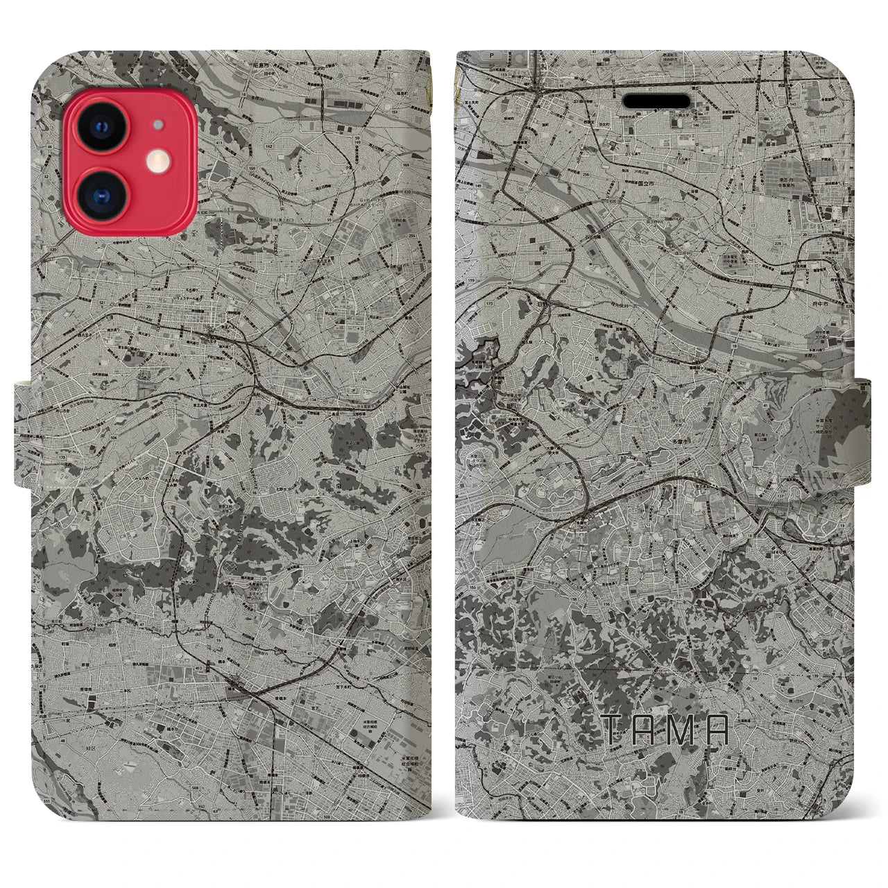 【多摩(東京都)】地図柄iPhoneケース(手帳タイプ)モノトーン・iPhone 11 用