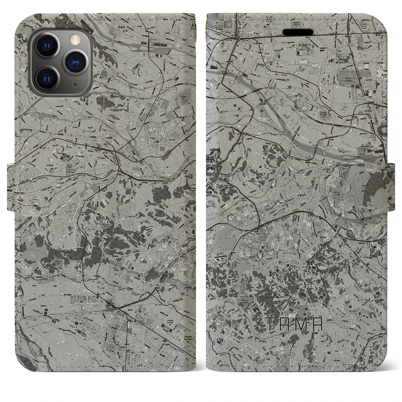 【多摩(東京都)】地図柄iPhoneケース(手帳タイプ)モノトーン・iPhone 11 Pro Max 用
