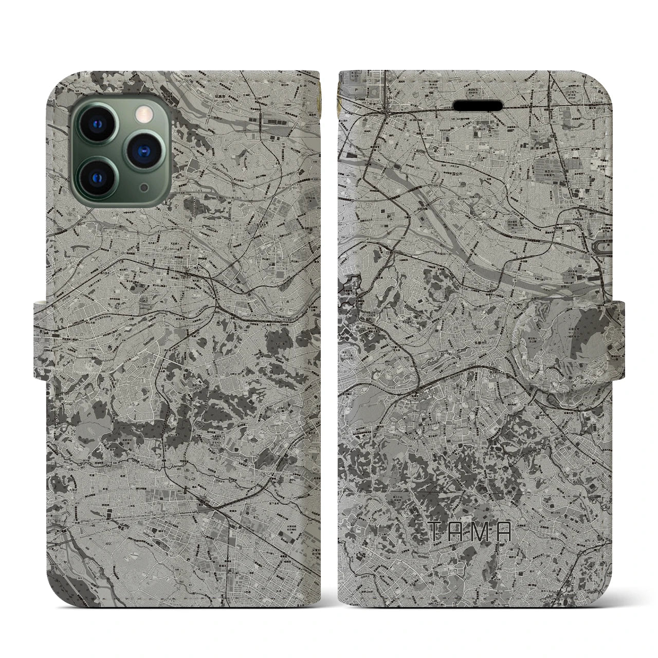 【多摩(東京都)】地図柄iPhoneケース(手帳タイプ)モノトーン・iPhone 11 Pro 用
