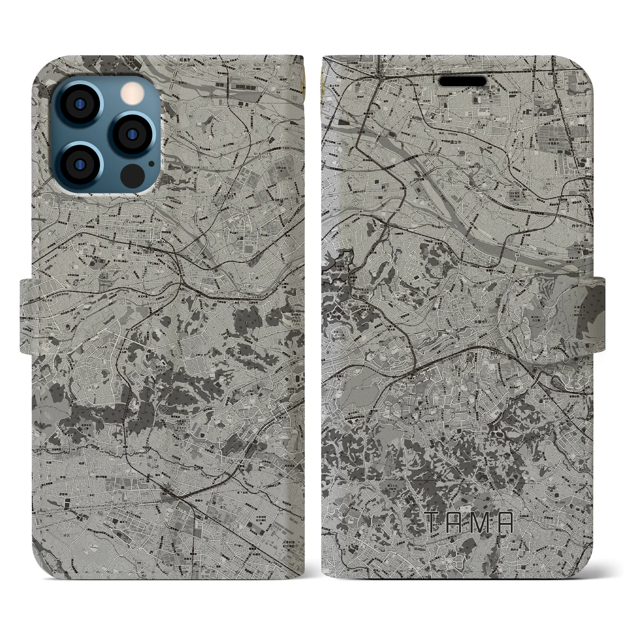 【多摩(東京都)】地図柄iPhoneケース(手帳タイプ)モノトーン・iPhone 12 / 12 Pro 用