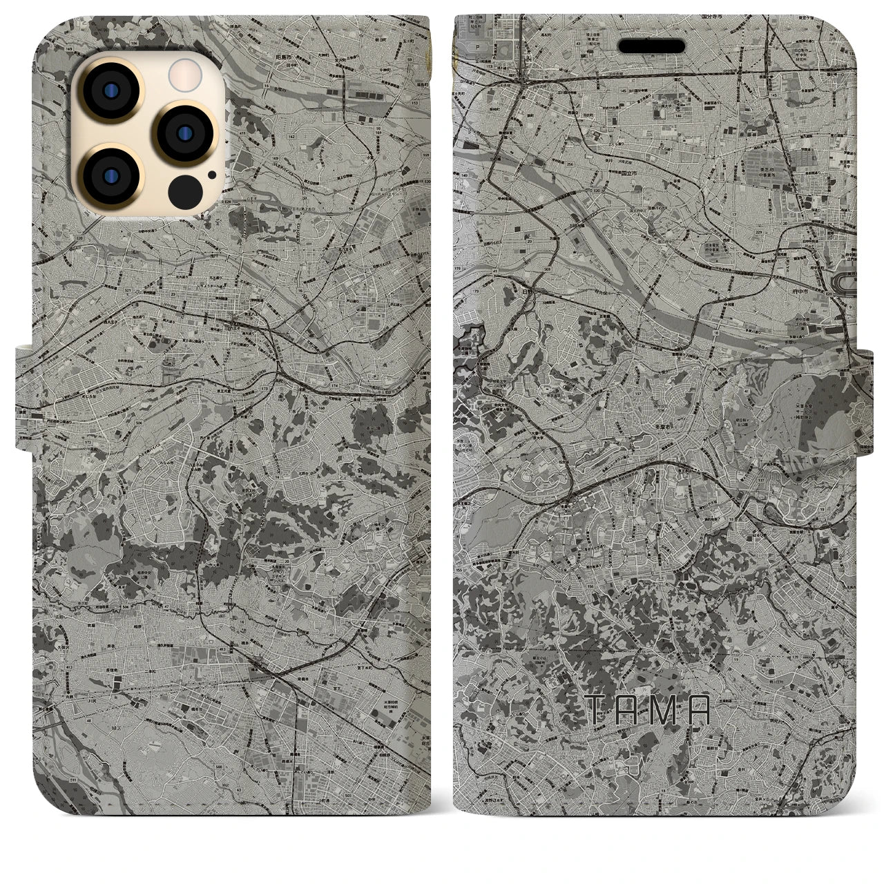 【多摩(東京都)】地図柄iPhoneケース(手帳タイプ)モノトーン・iPhone 12 Pro Max 用