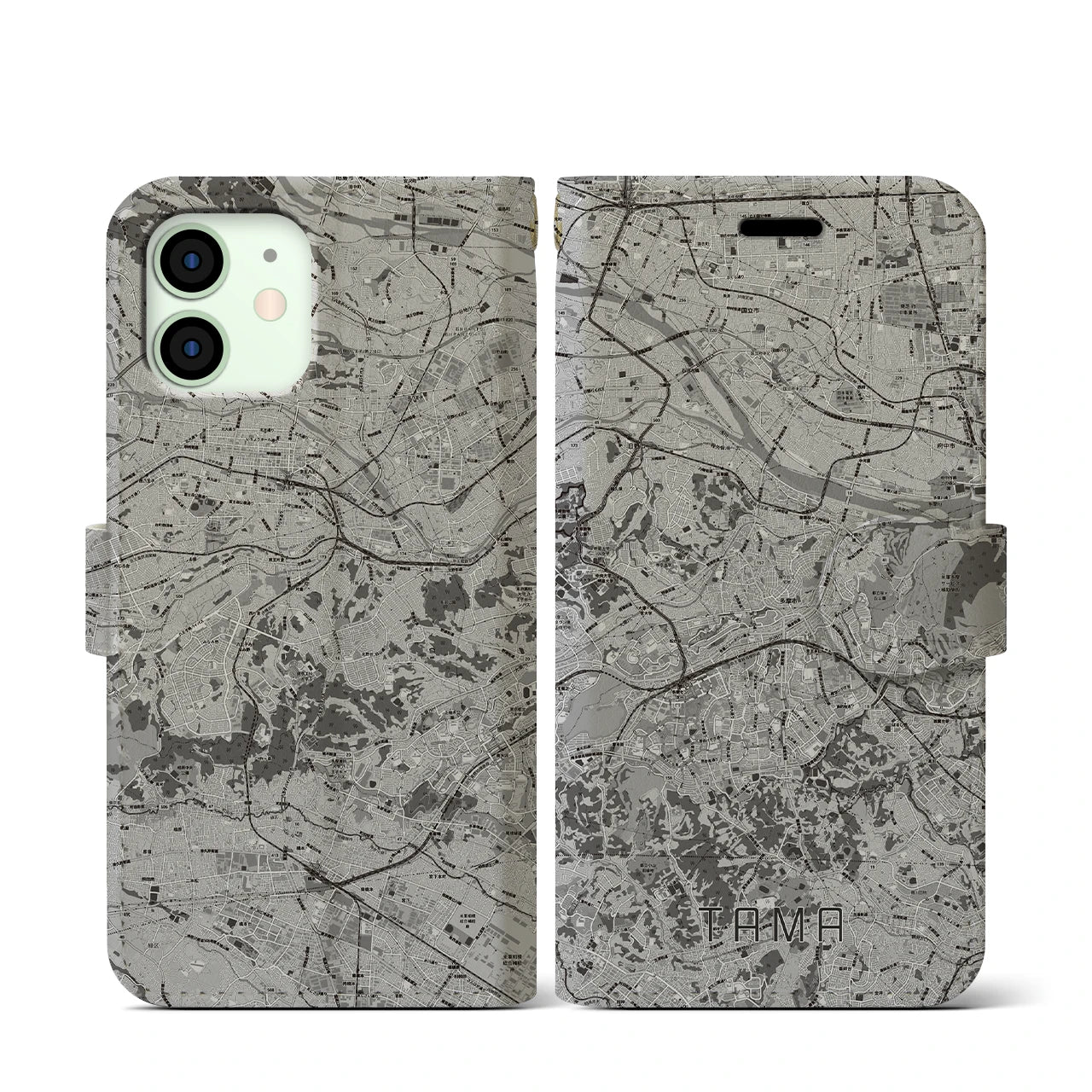 【多摩(東京都)】地図柄iPhoneケース(手帳タイプ)モノトーン・iPhone 12 mini 用