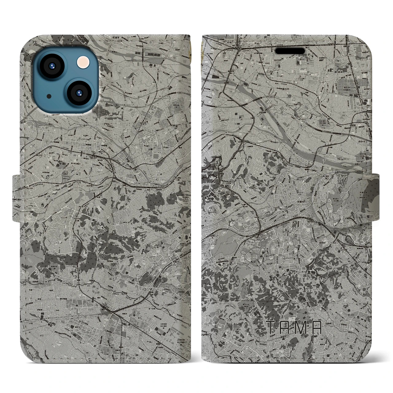 【多摩(東京都)】地図柄iPhoneケース(手帳タイプ)モノトーン・iPhone 13 用