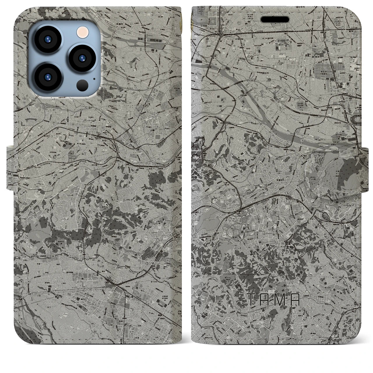 【多摩(東京都)】地図柄iPhoneケース(手帳タイプ)モノトーン・iPhone 13 Pro Max 用