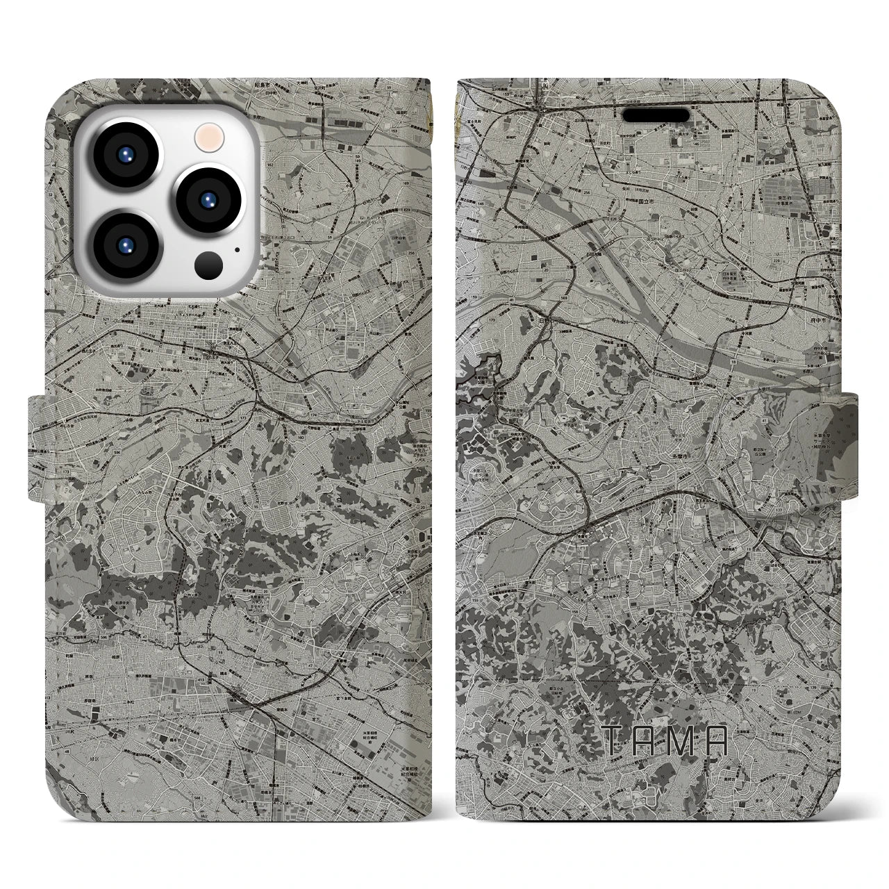 【多摩(東京都)】地図柄iPhoneケース(手帳タイプ)モノトーン・iPhone 13 Pro 用