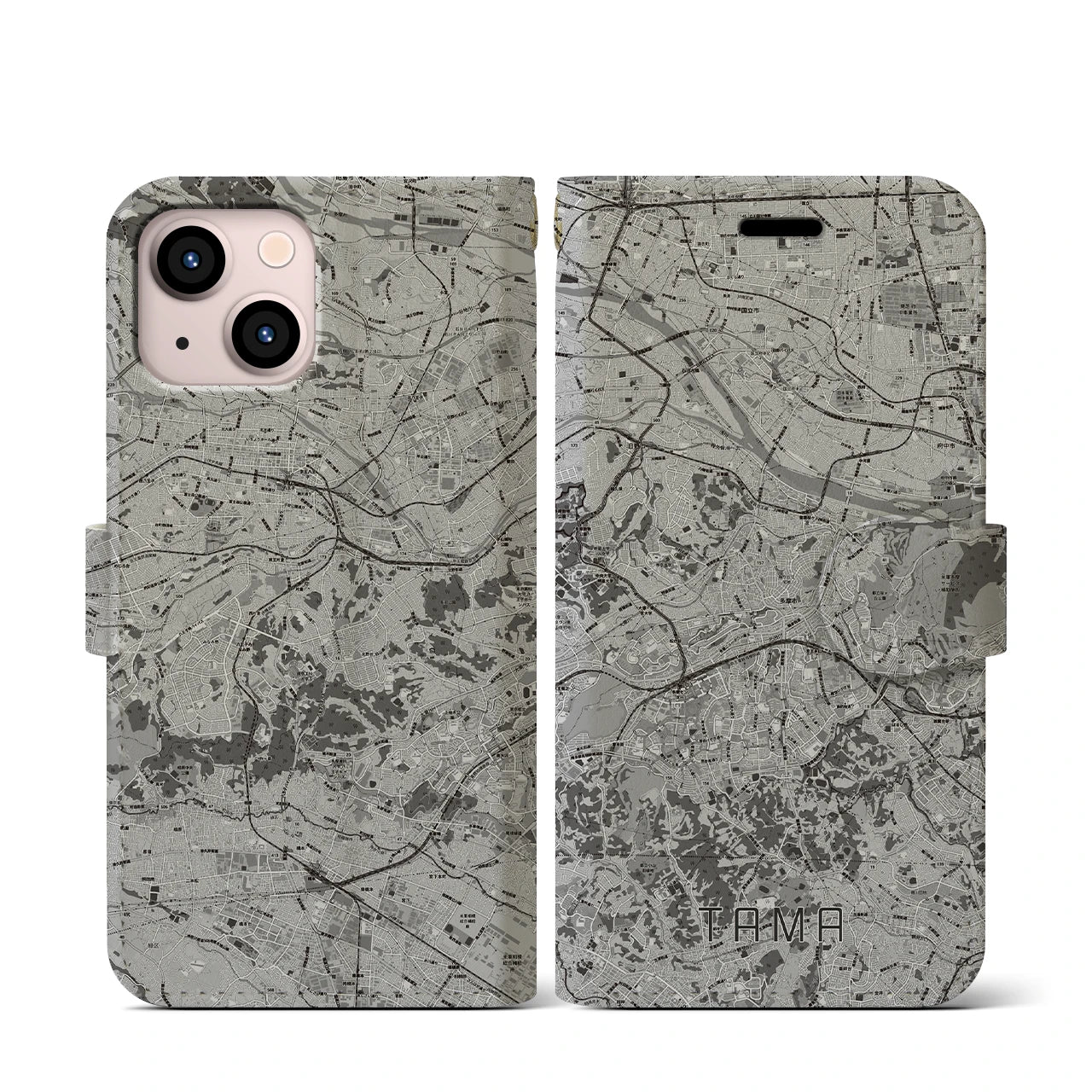 【多摩(東京都)】地図柄iPhoneケース(手帳タイプ)モノトーン・iPhone 13 mini 用