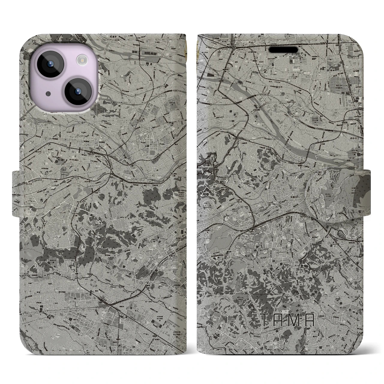 【多摩(東京都)】地図柄iPhoneケース(手帳タイプ)モノトーン・iPhone 14 用