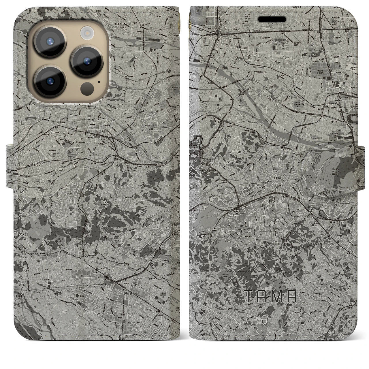 【多摩(東京都)】地図柄iPhoneケース(手帳タイプ)モノトーン・iPhone 14 Pro Max 用