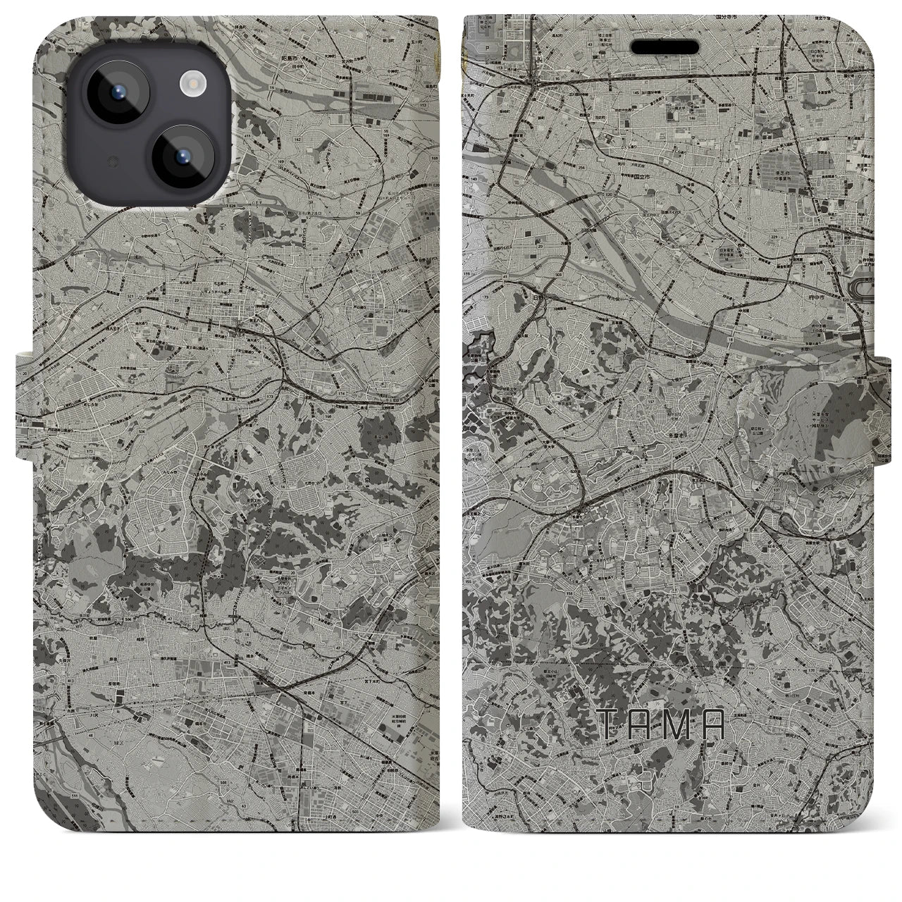 【多摩(東京都)】地図柄iPhoneケース(手帳タイプ)モノトーン・iPhone 14 Plus 用