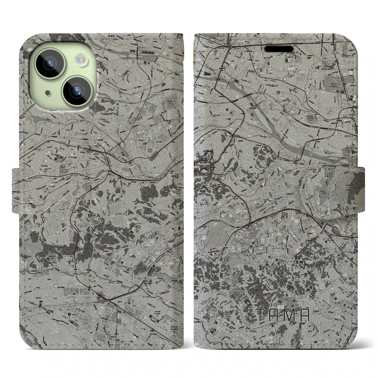 【多摩(東京都)】地図柄iPhoneケース(手帳タイプ)モノトーン・iPhone 15 用