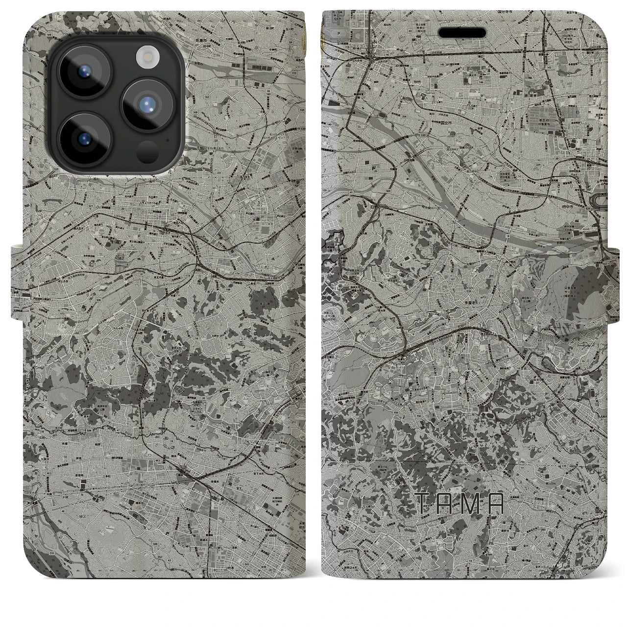 【多摩(東京都)】地図柄iPhoneケース(手帳タイプ)モノトーン・iPhone 15 Pro Max 用