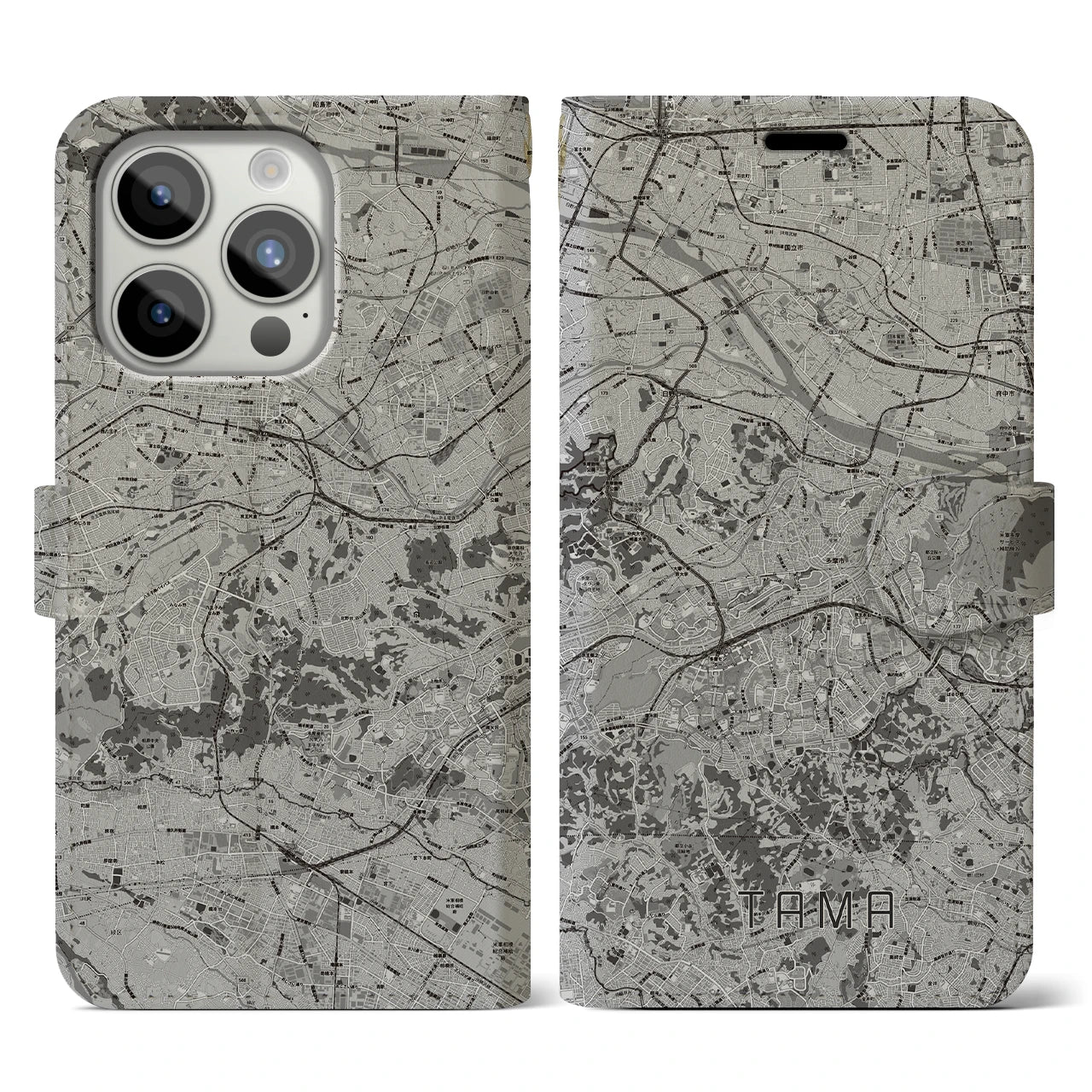 【多摩(東京都)】地図柄iPhoneケース(手帳タイプ)モノトーン・iPhone 15 Pro 用