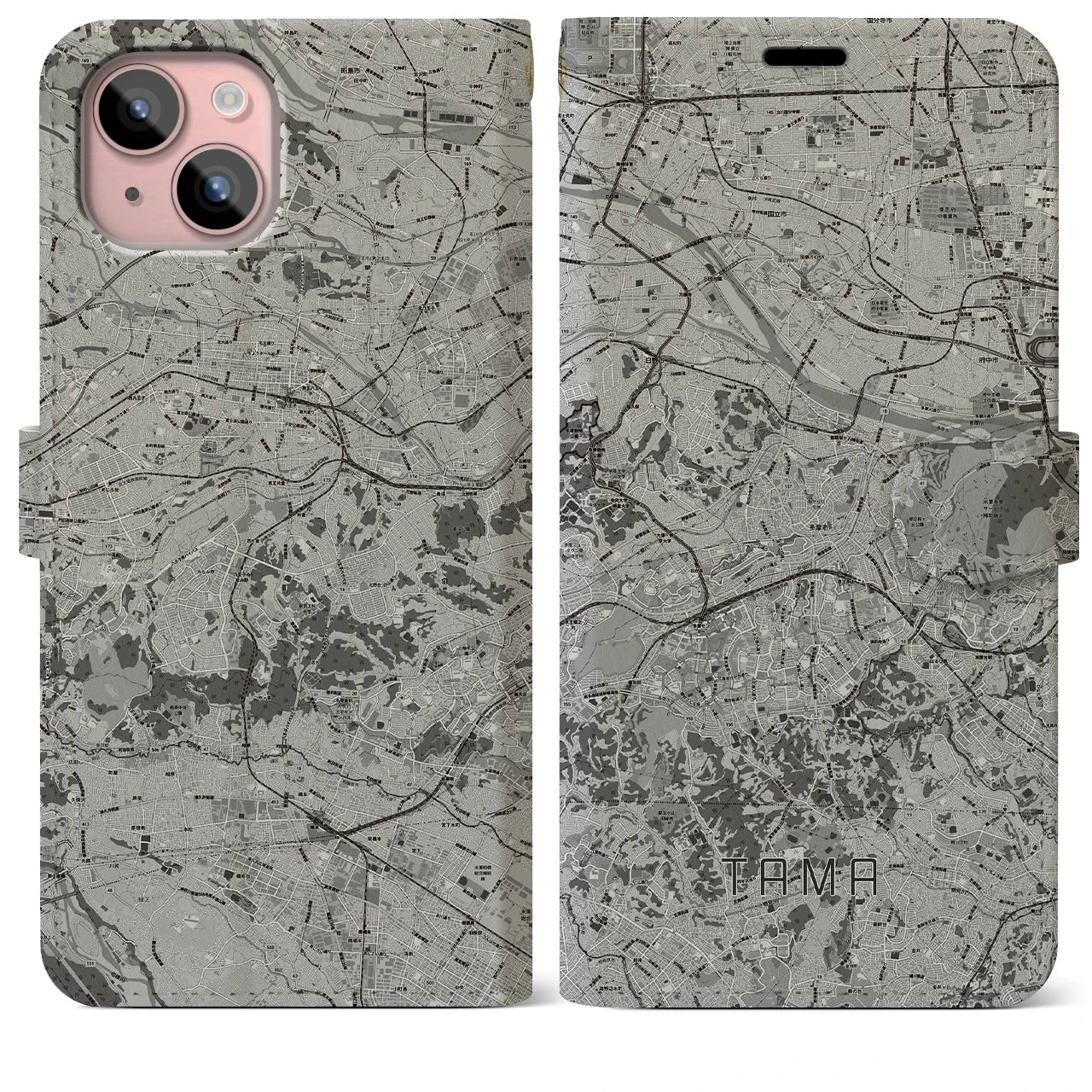 【多摩(東京都)】地図柄iPhoneケース(手帳タイプ)モノトーン・iPhone 15 Plus 用