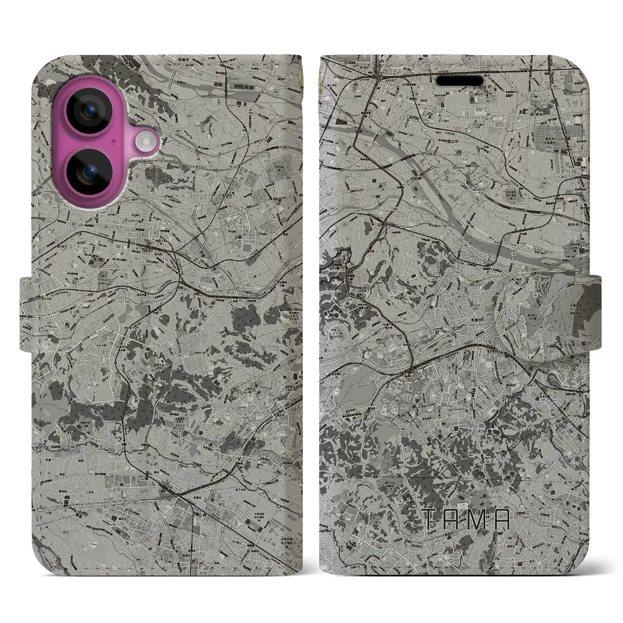 【多摩(東京都)】地図柄iPhoneケース(手帳タイプ)モノトーン・iPhone 16 Pro 用