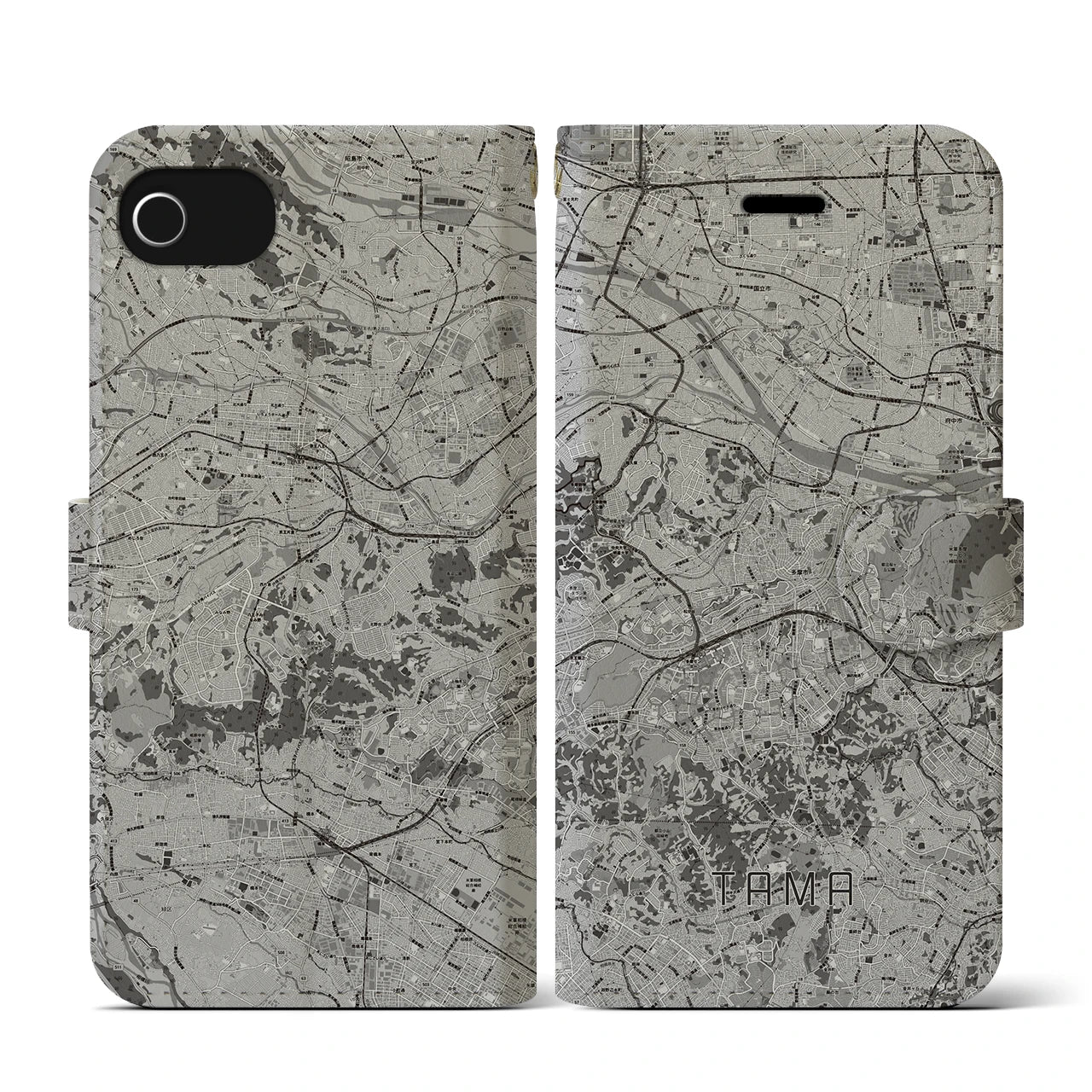 【多摩(東京都)】地図柄iPhoneケース(手帳タイプ)モノトーン・iPhone SE(第3 / 第2世代) / 8 / 7 / 6s / 6 用