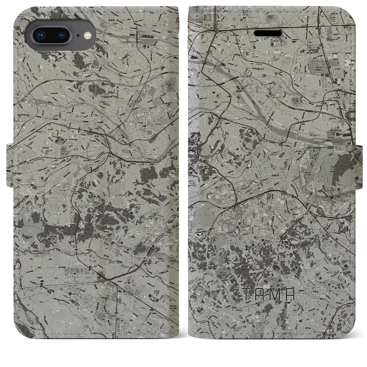【多摩(東京都)】地図柄iPhoneケース(手帳タイプ)モノトーン・iPhone 8Plus /7Plus / 6sPlus / 6Plus 用