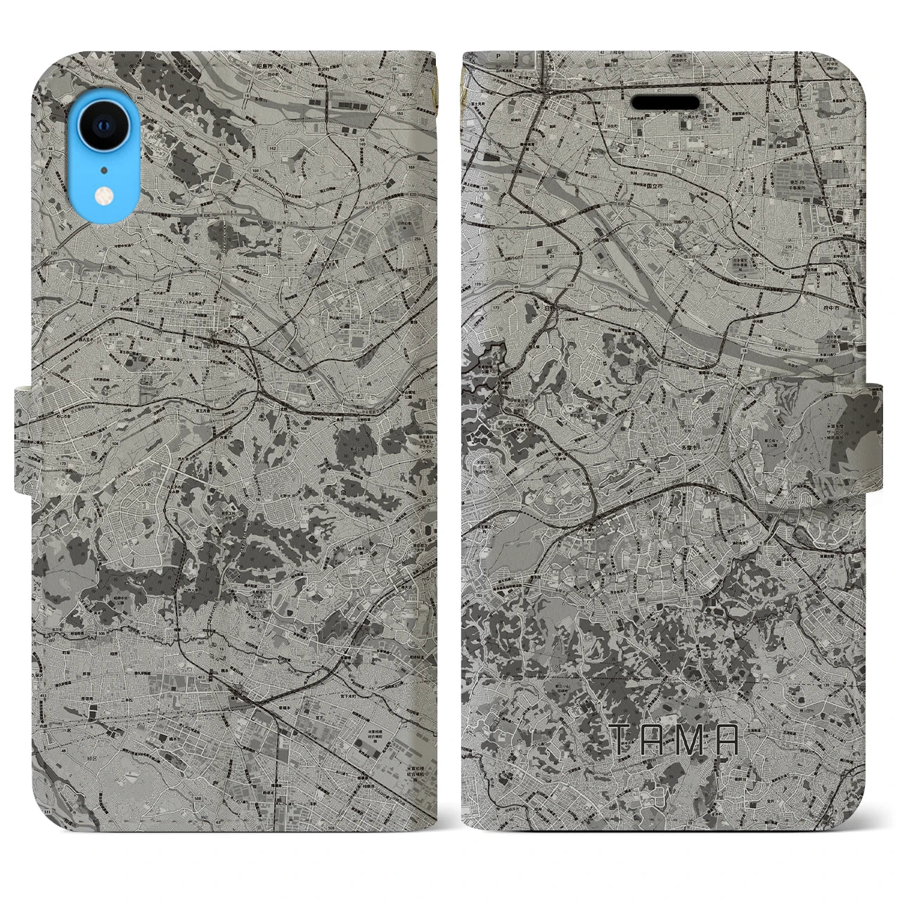 【多摩(東京都)】地図柄iPhoneケース(手帳タイプ)モノトーン・iPhone XR 用