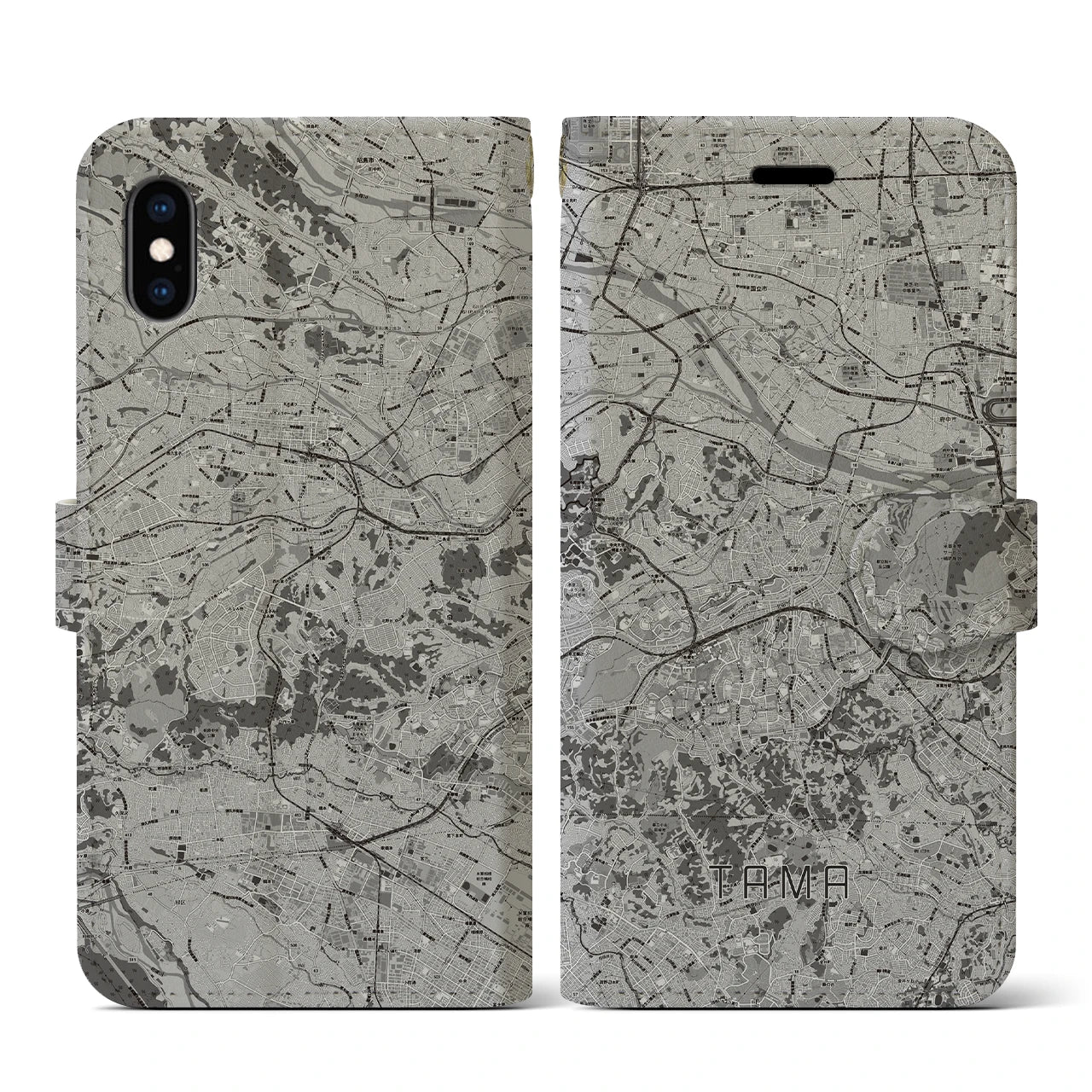 【多摩(東京都)】地図柄iPhoneケース(手帳タイプ)モノトーン・iPhone XS / X 用