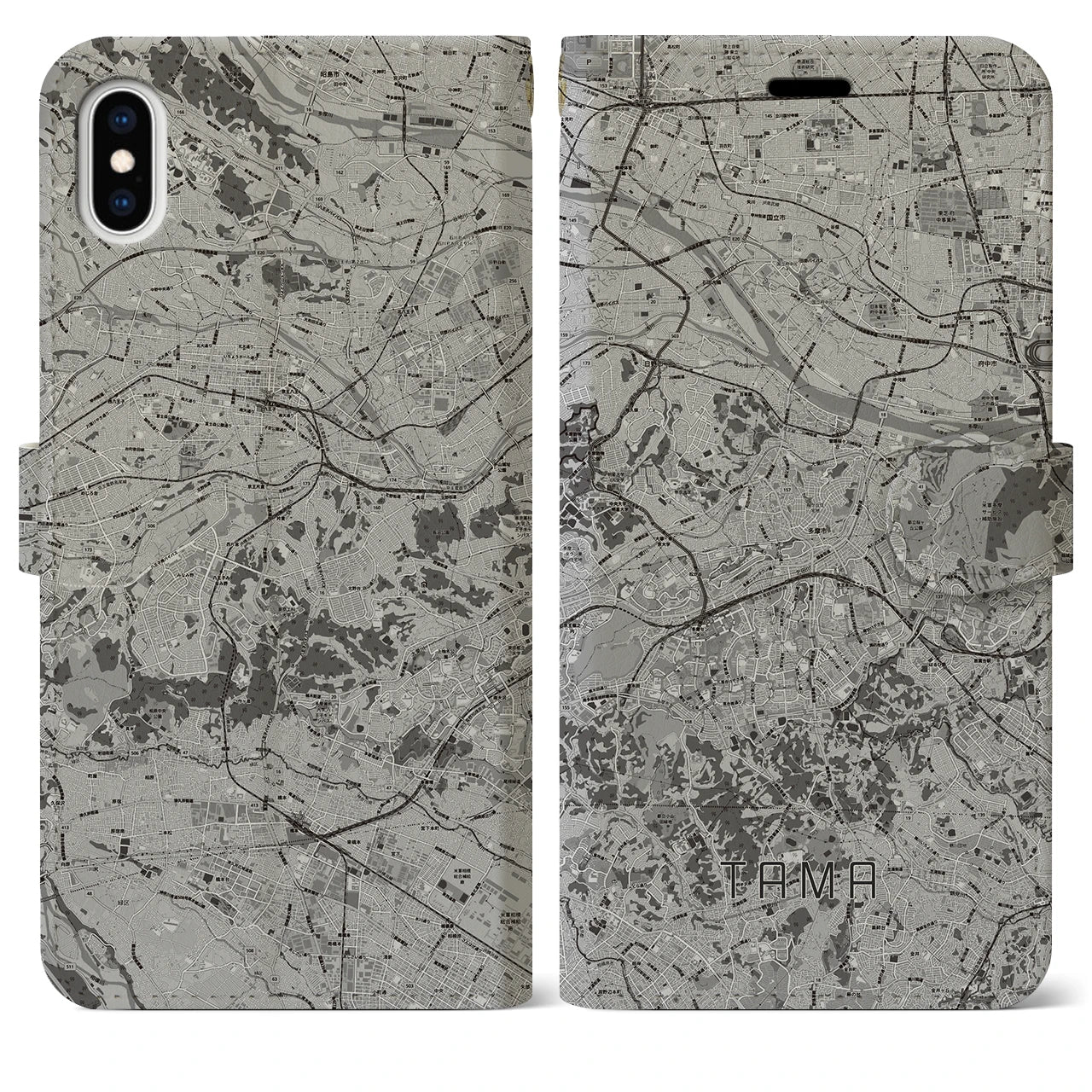 【多摩(東京都)】地図柄iPhoneケース(手帳タイプ)モノトーン・iPhone XS Max 用