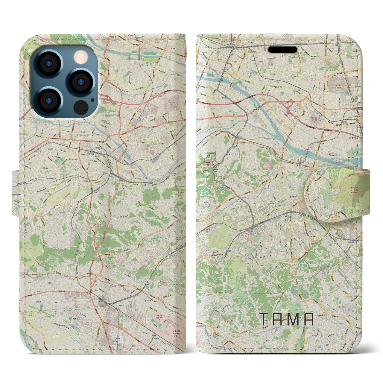 【多摩(東京都)】地図柄iPhoneケース(手帳タイプ)ナチュラル・iPhone 12 / 12 Pro 用