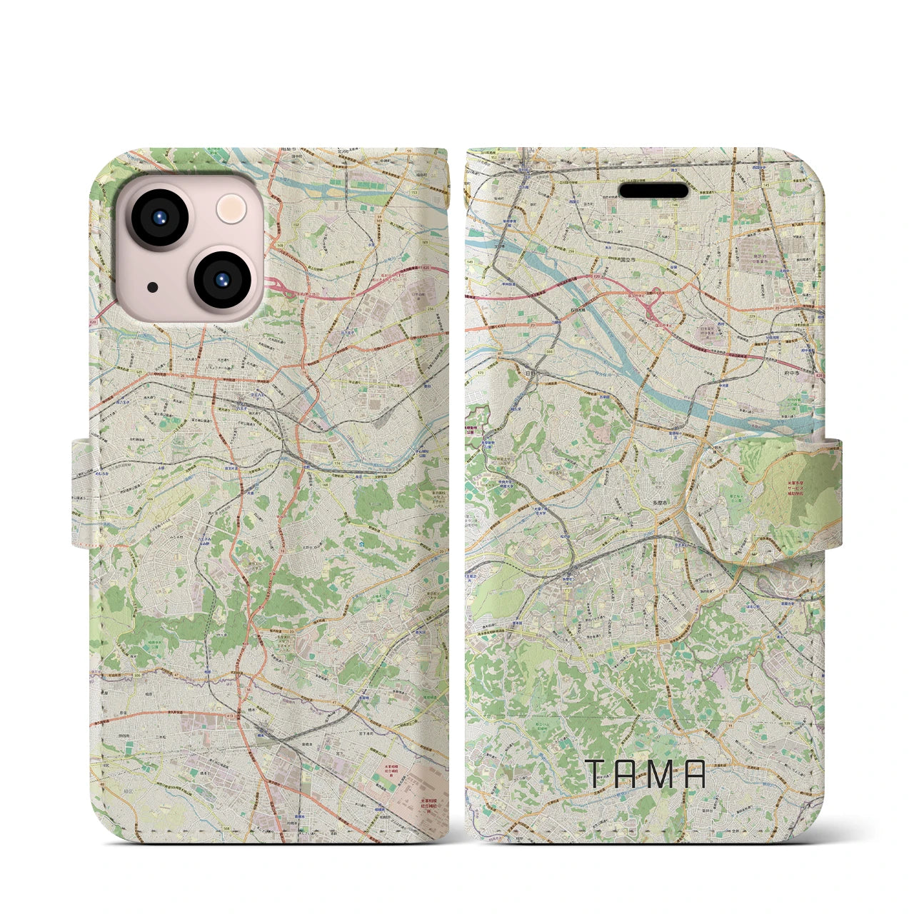 【多摩(東京都)】地図柄iPhoneケース(手帳タイプ)ナチュラル・iPhone 13 mini 用