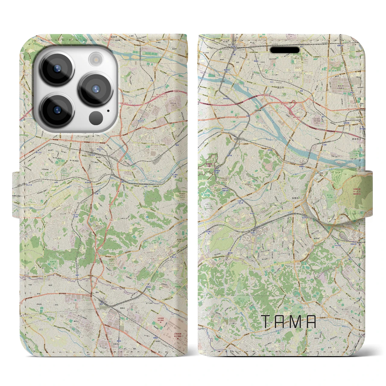【多摩(東京都)】地図柄iPhoneケース(手帳タイプ)ナチュラル・iPhone 14 Pro 用