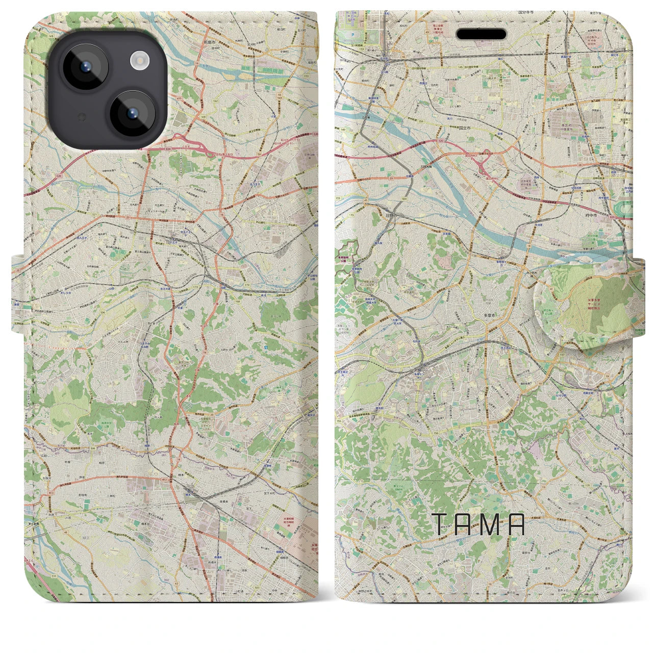 【多摩(東京都)】地図柄iPhoneケース(手帳タイプ)ナチュラル・iPhone 14 Plus 用