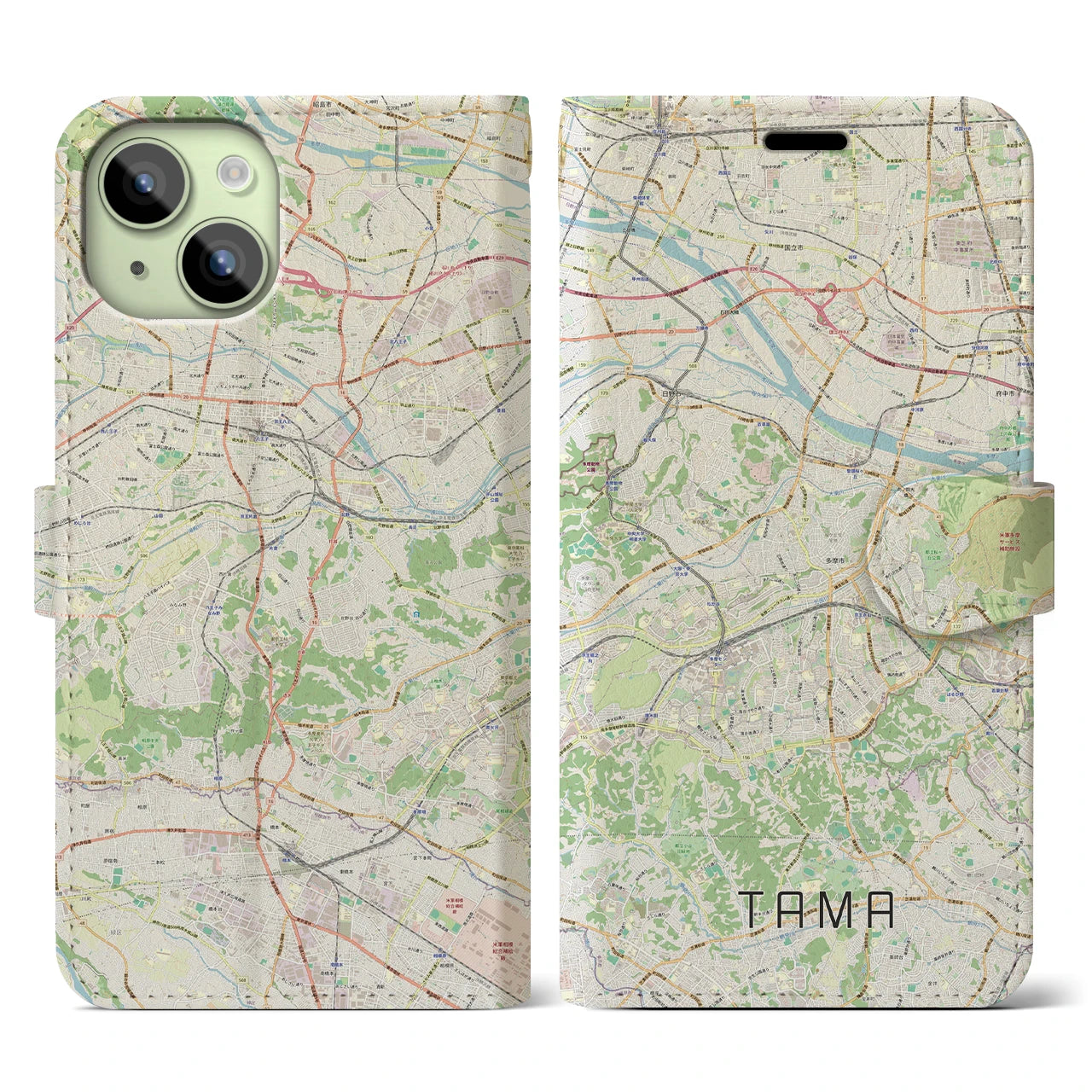 【多摩(東京都)】地図柄iPhoneケース(手帳タイプ)ナチュラル・iPhone 15 用