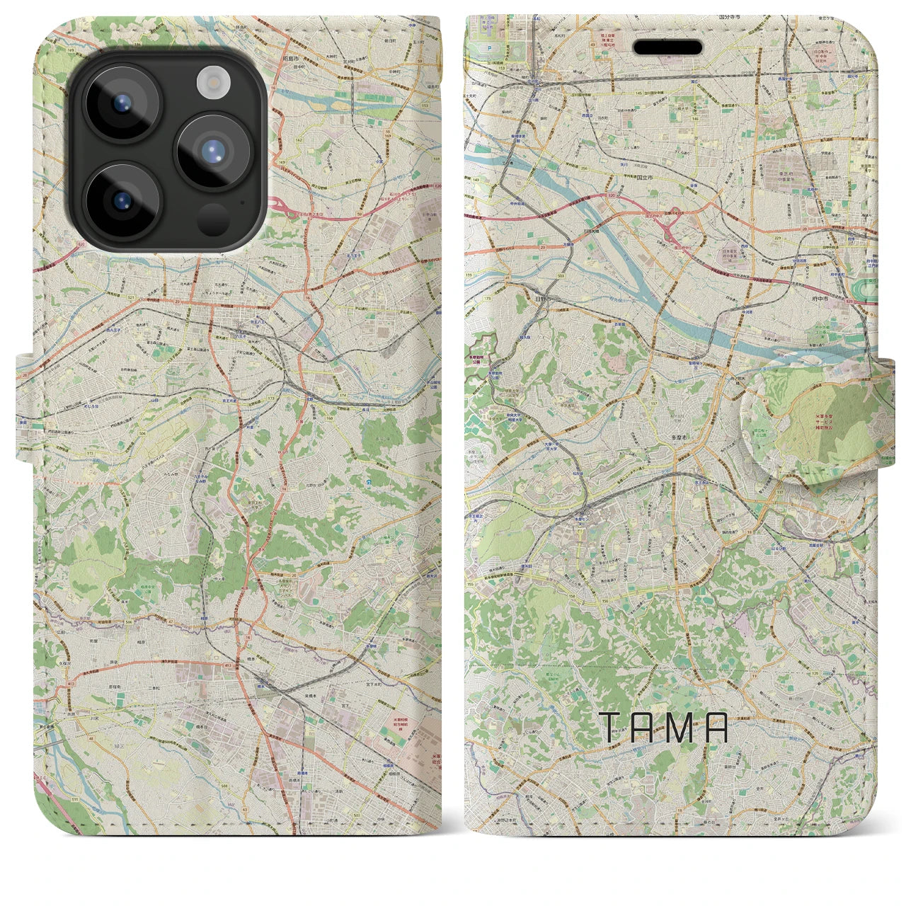 【多摩(東京都)】地図柄iPhoneケース(手帳タイプ)ナチュラル・iPhone 15 Pro Max 用
