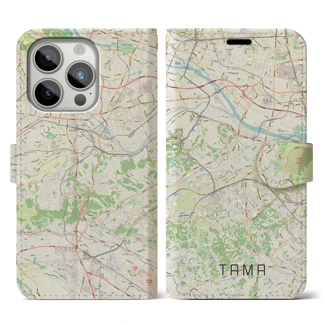 【多摩(東京都)】地図柄iPhoneケース(手帳タイプ)ナチュラル・iPhone 15 Pro 用