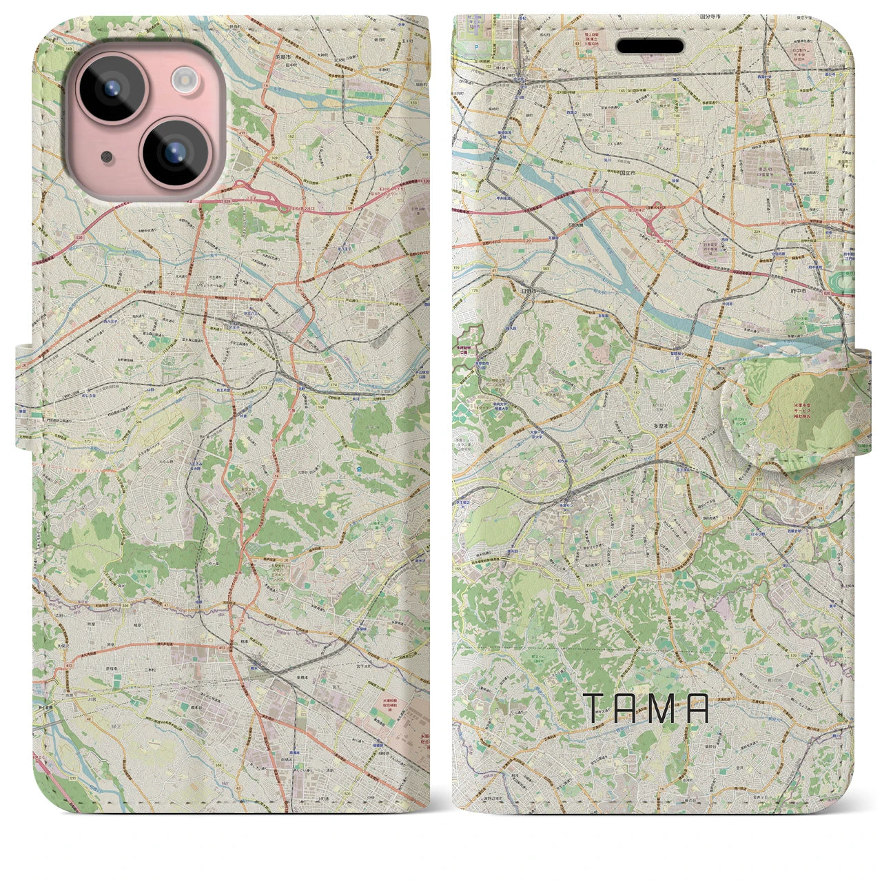 【多摩(東京都)】地図柄iPhoneケース(手帳タイプ)ナチュラル・iPhone 15 Plus 用