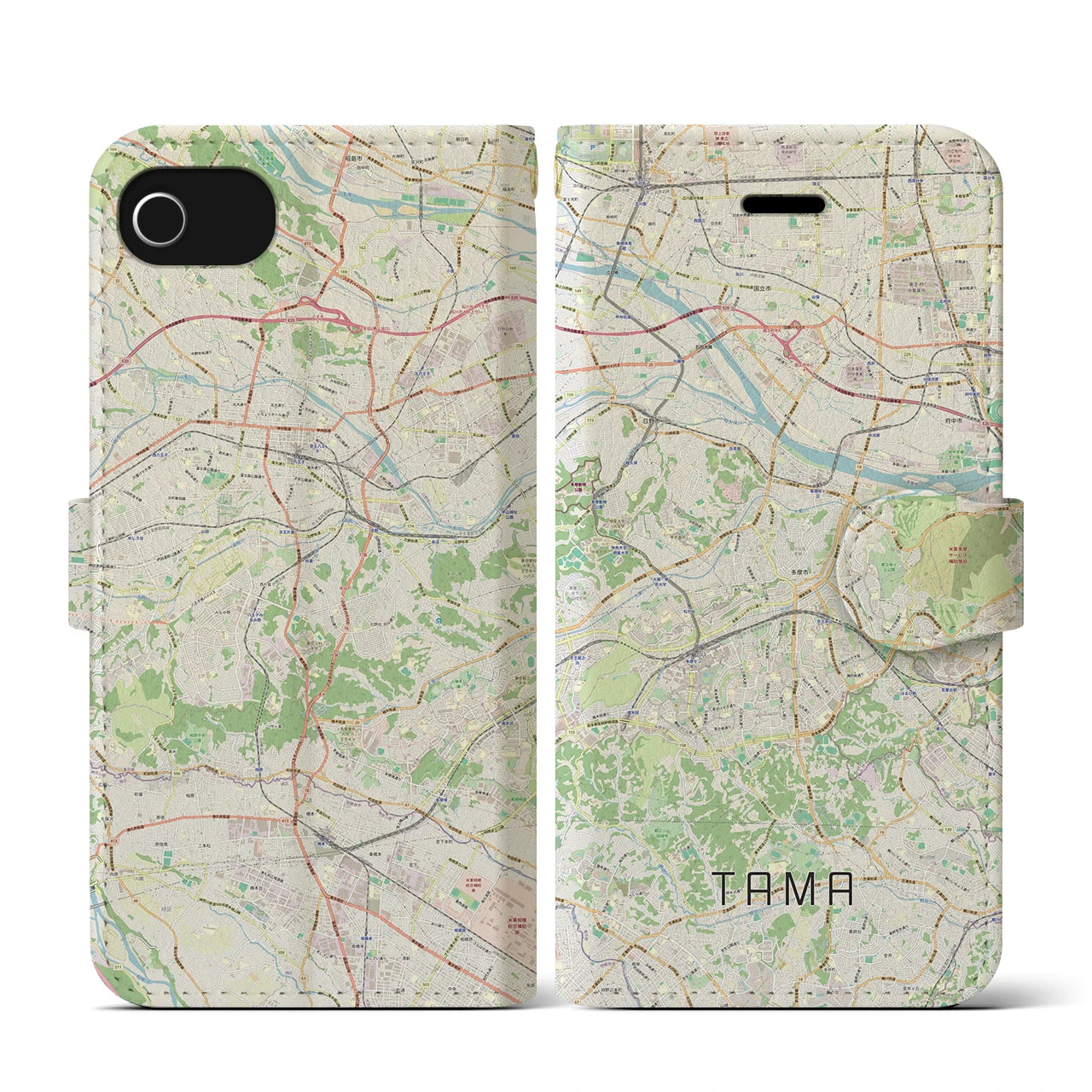 【多摩(東京都)】地図柄iPhoneケース(手帳タイプ)ナチュラル・iPhone SE(第3 / 第2世代) / 8 / 7 / 6s / 6 用