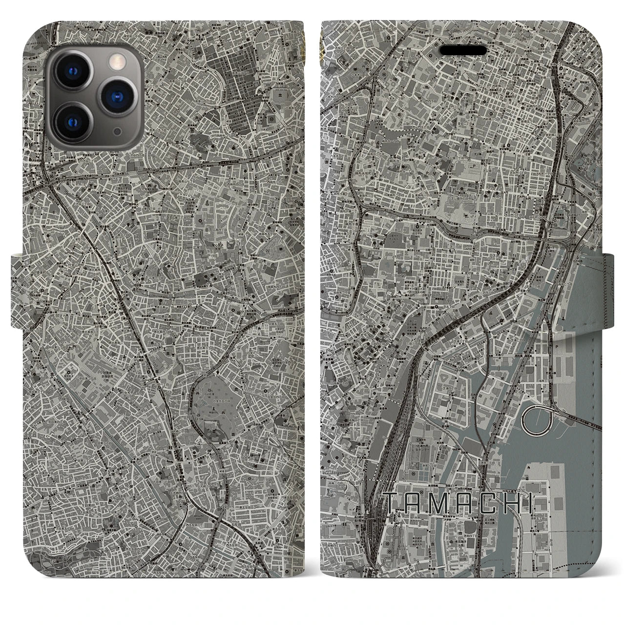 【田町(東京都)】地図柄iPhoneケース(手帳タイプ)モノトーン・iPhone 11 Pro Max 用