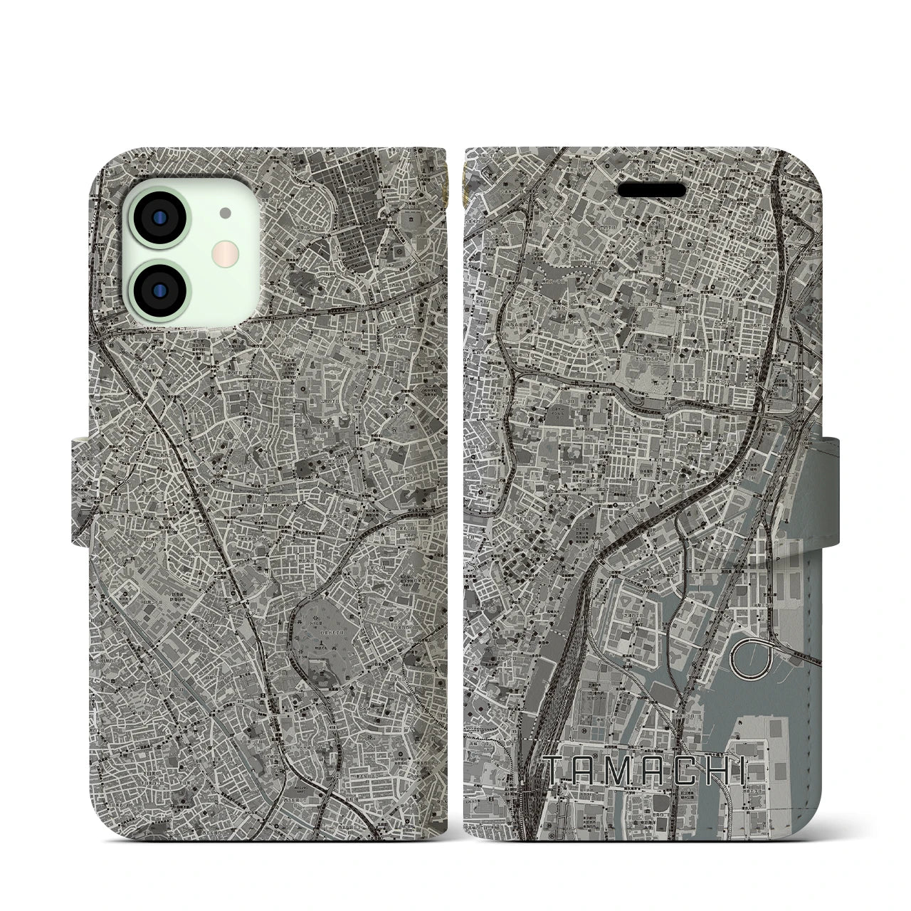 【田町(東京都)】地図柄iPhoneケース(手帳タイプ)モノトーン・iPhone 12 mini 用