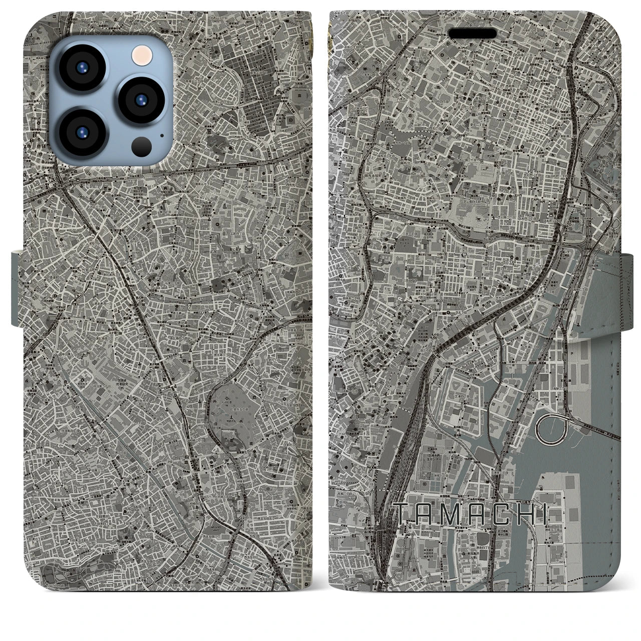 【田町(東京都)】地図柄iPhoneケース(手帳タイプ)モノトーン・iPhone 13 Pro Max 用