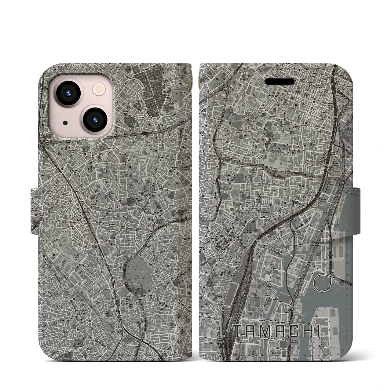 【田町(東京都)】地図柄iPhoneケース(手帳タイプ)モノトーン・iPhone 13 mini 用