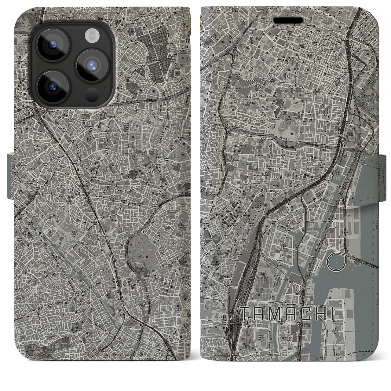 【田町(東京都)】地図柄iPhoneケース(手帳タイプ)モノトーン・iPhone 15 Pro Max 用