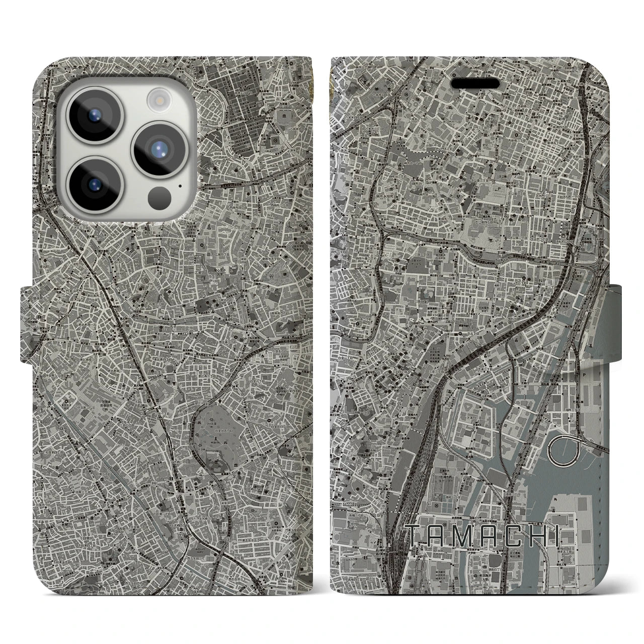 【田町(東京都)】地図柄iPhoneケース(手帳タイプ)モノトーン・iPhone 15 Pro 用