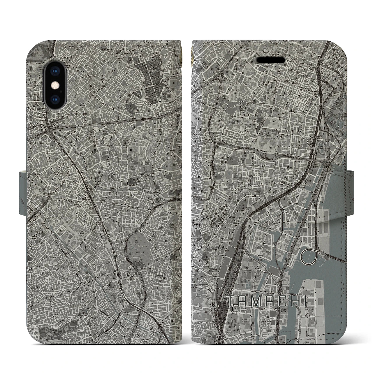 【田町(東京都)】地図柄iPhoneケース(手帳タイプ)モノトーン・iPhone XS / X 用