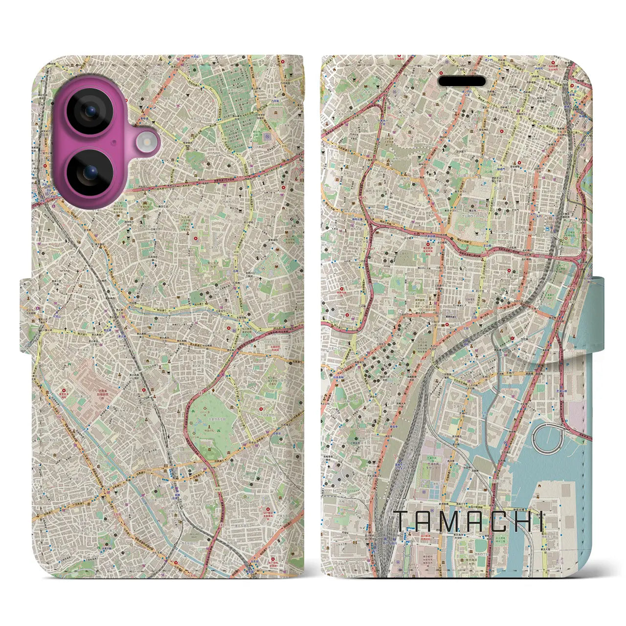 【田町(東京都)】地図柄iPhoneケース(手帳タイプ)ナチュラル・iPhone 16 Pro 用
