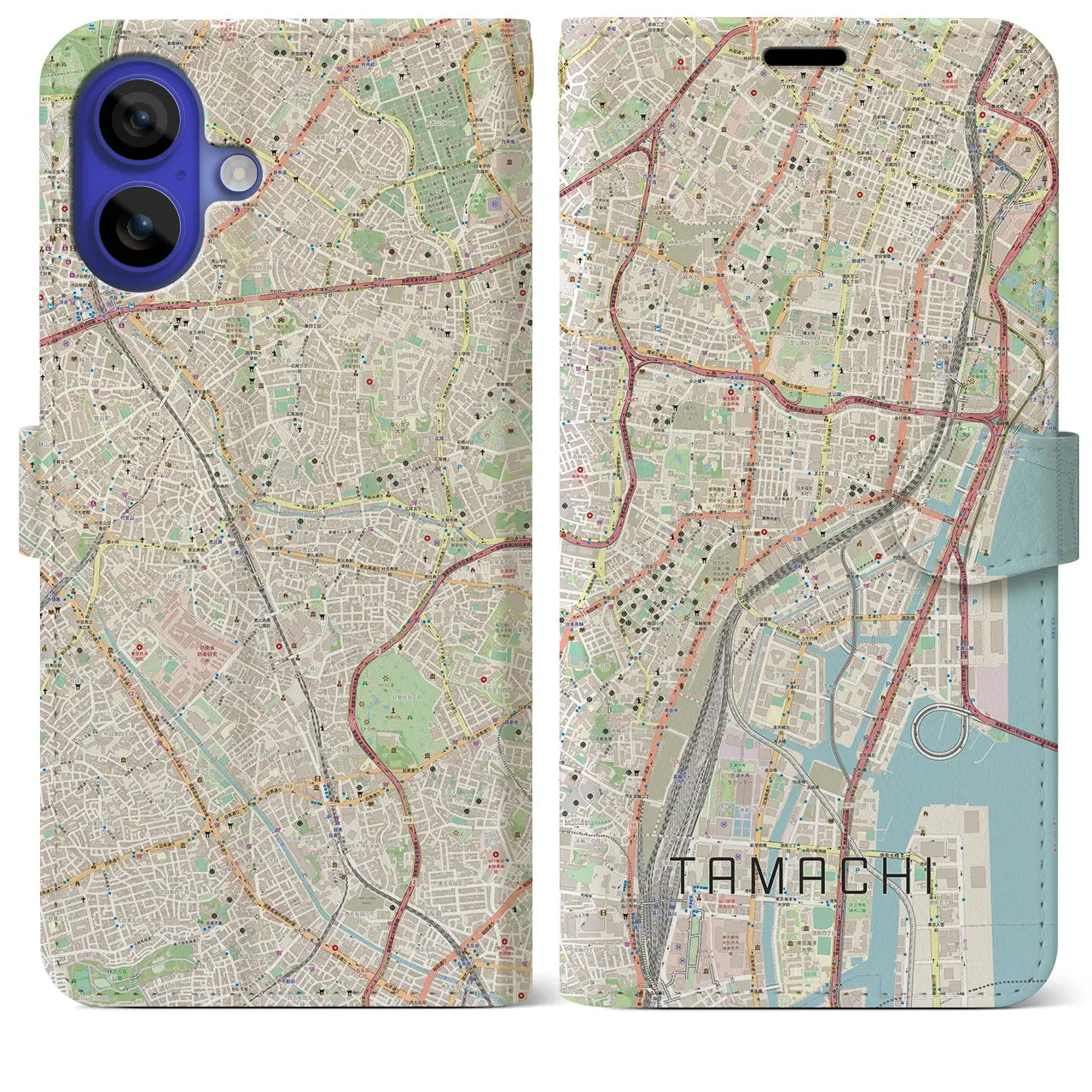 【田町(東京都)】地図柄iPhoneケース(手帳タイプ)ナチュラル・iPhone 16 Pro Max 用