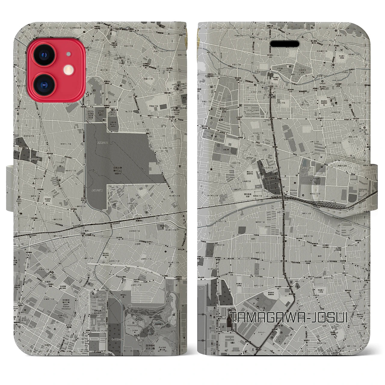 【玉川上水(東京都)】地図柄iPhoneケース(手帳タイプ)モノトーン・iPhone 11 用