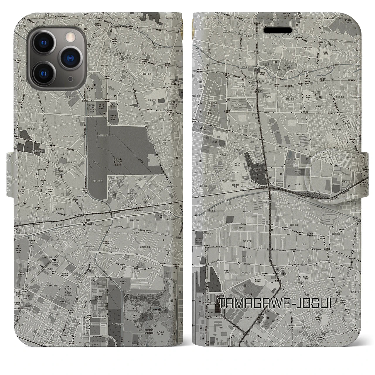 【玉川上水(東京都)】地図柄iPhoneケース(手帳タイプ)モノトーン・iPhone 11 Pro Max 用