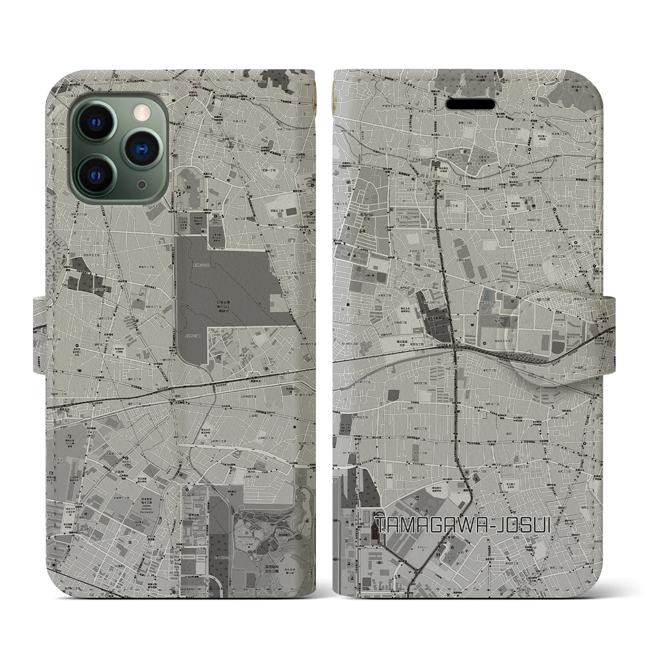 【玉川上水(東京都)】地図柄iPhoneケース(手帳タイプ)モノトーン・iPhone 11 Pro 用