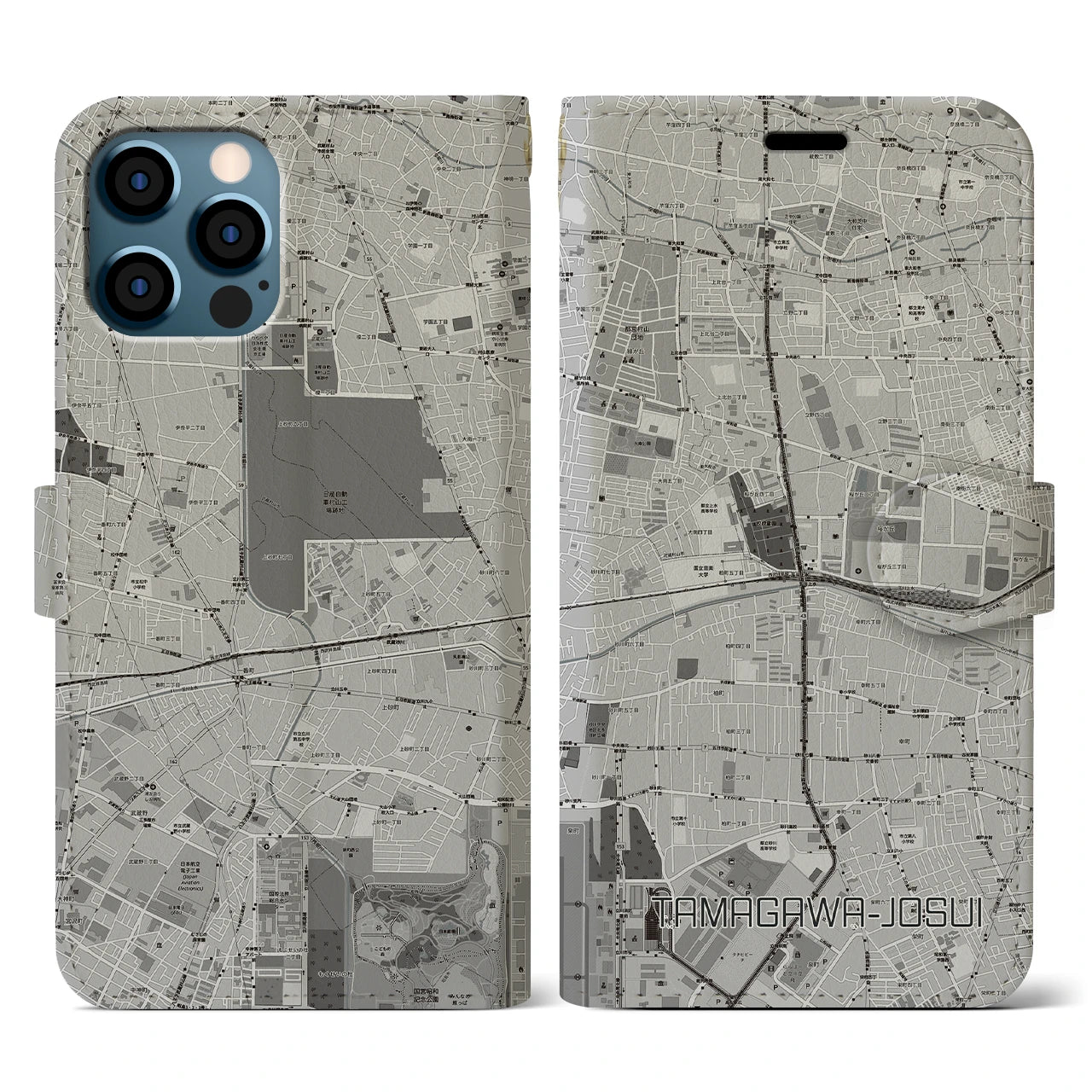 【玉川上水(東京都)】地図柄iPhoneケース(手帳タイプ)モノトーン・iPhone 12 / 12 Pro 用